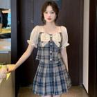 Set: Bow Plaid Blouse + Mini A-line Skirt