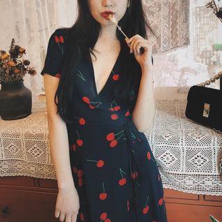 Cherry Print Short Sleeve Midi Dress