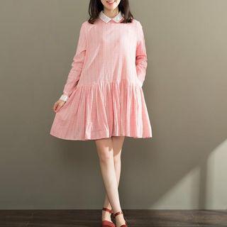 Long-sleeve Contrast-trim Ruffle-hem Check Dress