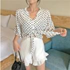 Elbow-sleeve Tie-front Dotted Blouse / Plain Ruffled Wide-leg Shorts