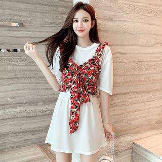 Set: Elbow-sleeve Mini A-line Dress + Floral Print Cropped Camisole Top