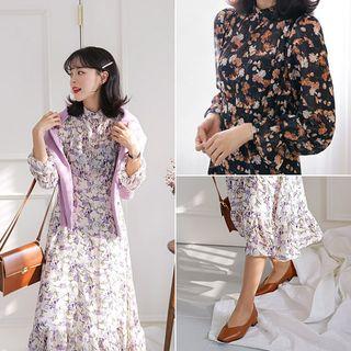 Mock-neck Long Floral Dress