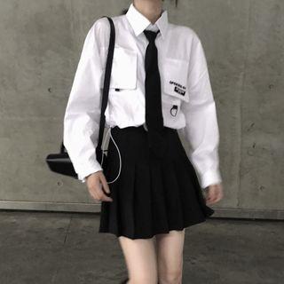 Letter Embroidered Shirt Shirt - White - One Size