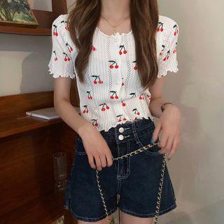 Short-sleeve Cherry Print Pointelle Knit Top