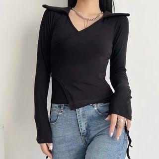 Long Sleeve Collar V-neck Side-drawstring Crop Top