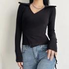 Long Sleeve Collar V-neck Side-drawstring Crop Top