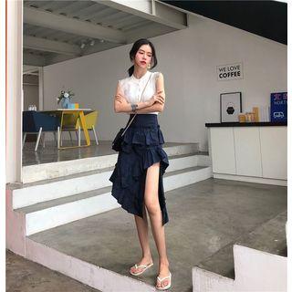 Lace Panel Knitted Tank Top / Asymmetric Hem Tiered Skirt