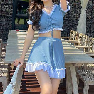 Set: V-neck Ruffle Trim Swim Top + Skirt