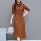 Plain Turtleneck Long Sleeve Midi Dress