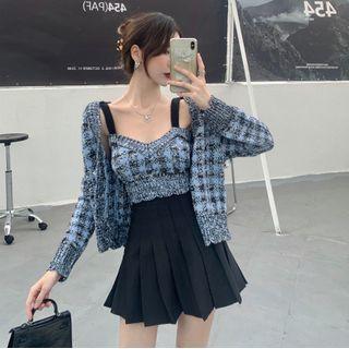 Spaghetti Strap Plaid Panel Pleated Mini Dress / Cardigan