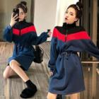 Color-block Zip Mock-neck Lace-up Dress
