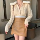 Cable Knit Collared Cardigan / Faux Leather Mini Skirt