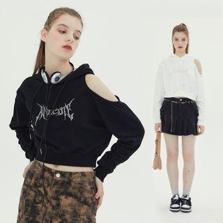 Lettering Cut-out Crop Hoodie