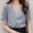 Short-sleeve V-neck Button-up Gingham Blouse