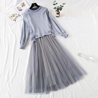 Set: Glitter Lace Up Pullover + Spaghetti Strap Mesh Midi A-line Dress