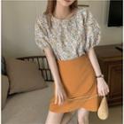 Puff-sleeve Floral Print Blouse / Mini Pencil Skirt