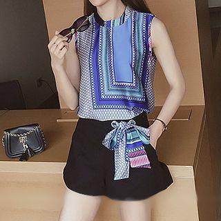 Set: Printed Tank Top + Eyelet Tie Waist Shorts