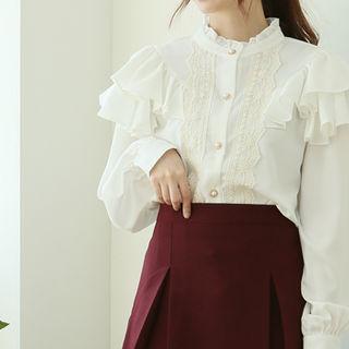 Mandarin-collar Frilled Crepe Blouse One Size