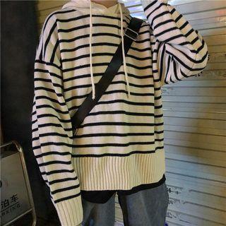 Hooded Striped Sweater Stripe - Black & Beige - One Size