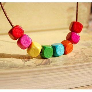 Wooded Cube Bead Necklace Red & Rose Pink & Yellow & Green - One Size