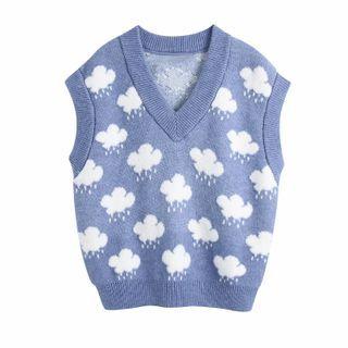 V-neck Cloud Print Knit Vest