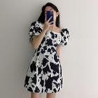 Puff-sleeve Square Neck Leopard Dress As Shown In Figure - One Size