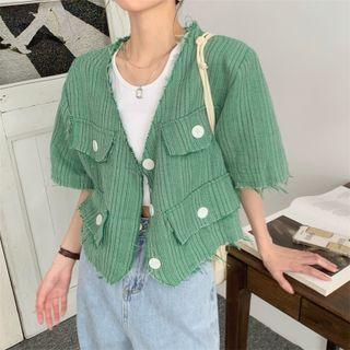 Elbow-sleeve Distressed Button Jacket
