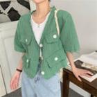 Elbow-sleeve Distressed Button Jacket