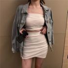 Long-sleeve Striped Blouse / Sleeveless Tube Top + Mini Skirt