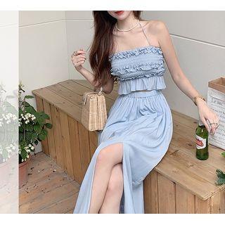 Halter Neck Ruffled Camisole Top / Slit Maxi A-line Skirt