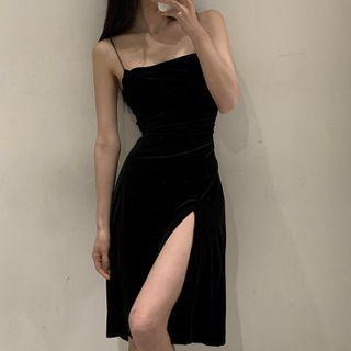 Spaghetti Strap Tie-waist Slit Midi A-line Dress