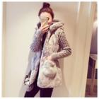 Knit-sleeve Hooded Furry Long Jacket