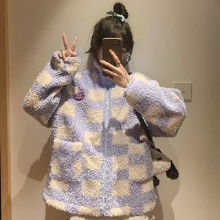 Gingham Faux Shearling Zip Jacket