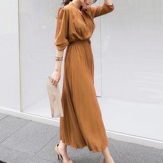 Long-sleeve Accordion Pleat Maxi A-line Dress