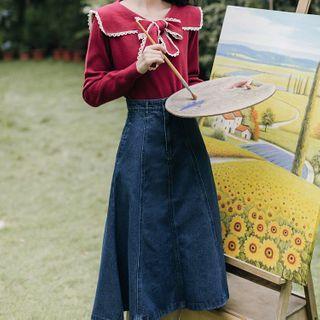 Set: Long-sleeve Lace Trim Sailor Collar Blouse + Midi A-line Denim Skirt