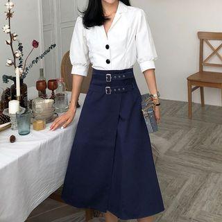 Set: Puff Elbow-sleeve Shirt + Belt-detail Midi A-line Skirt