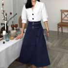 Set: Puff Elbow-sleeve Shirt + Belt-detail Midi A-line Skirt