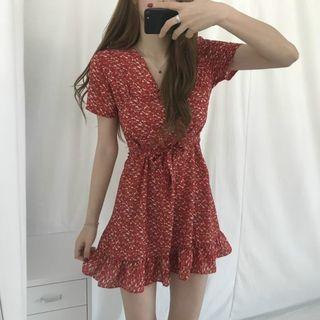 Floral Short-sleeve Linen A-line Dress