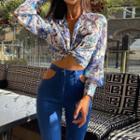 Floral Print Long Sleeve Twist-front Cropped Shirt