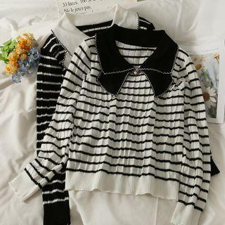 Colorblock Ribbon-collar Slim-fit Knit Top