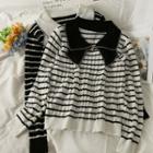 Colorblock Ribbon-collar Slim-fit Knit Top