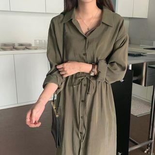 Drawstring Long-sleeve Midi Shirtdress Army Green - One Size