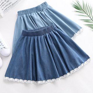 Floral-trim Denim Mini A-line Skirt