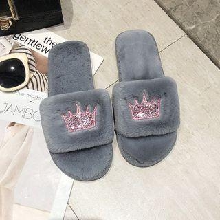 Crown Embroidered Fleece Slippers