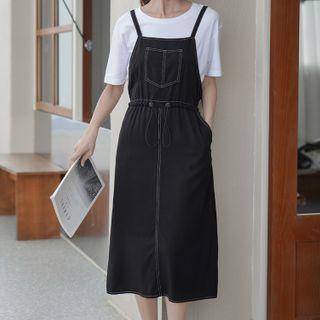 Contrast Stitching Drawstring-waist Midi Pinafore Dress