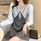 Long-sleeve Pointed Collar Perforated Contrast Mini A-line Dress
