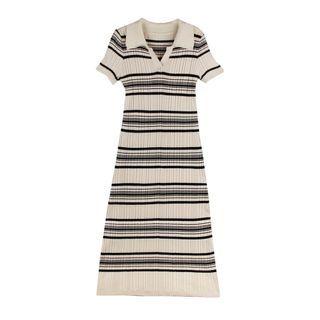 Short-sleeve Striped Knit Midi Bodycon Dress Stripes - Black & White - One Size