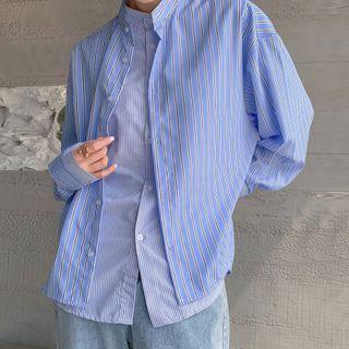 Mock Two-piece Striped Stand Collar Shirt Jacket