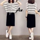 Set: Short-sleeve Striped T-shirt + Midi A-line Skirt