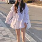 Ruffle Plain Over-sized Long-sleeve Mini Dress White - One Size